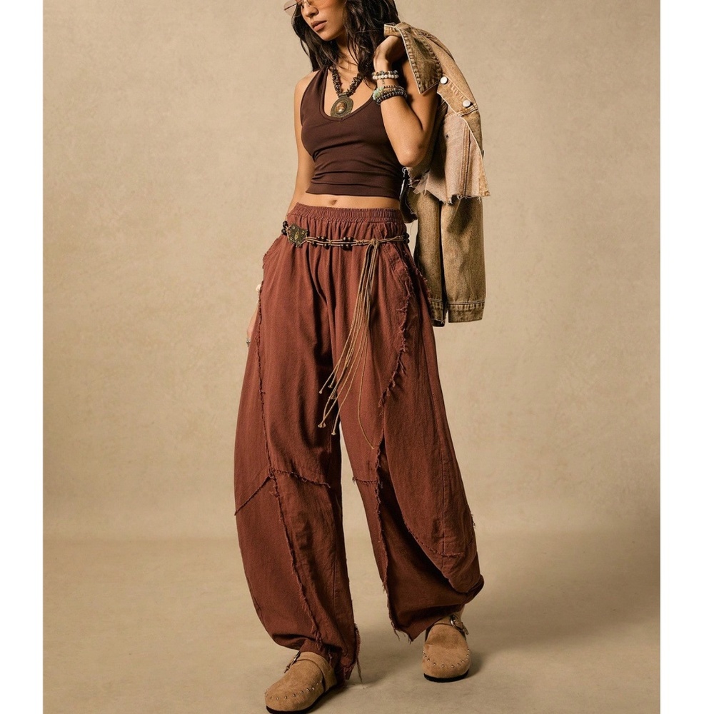 Boho Rust Brown Solid Stretchy waist Pockets Frayed Detail Harem Pants - Picture 1 of 10